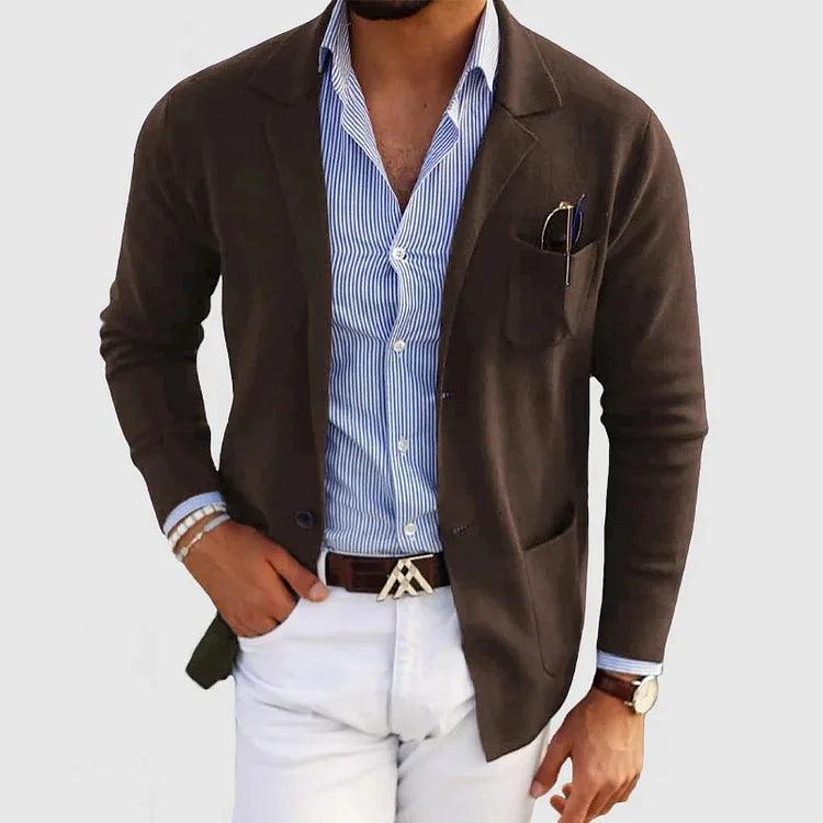 Elegant men's cardigan with pockets and lapel collar, solid color, long sleeves