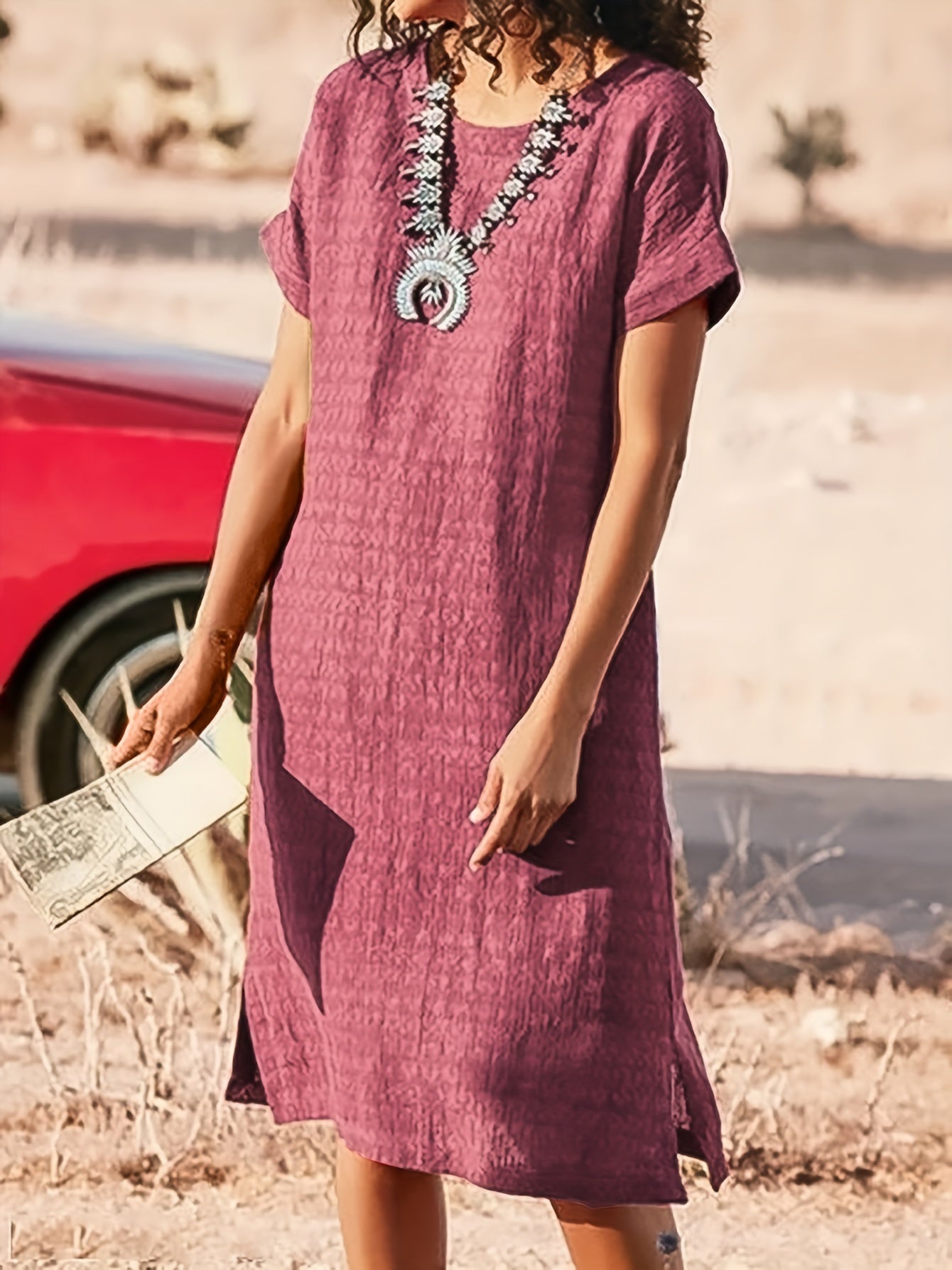 Women's Midi Dress - Loose Fit - Short Sleeve - Round Neck - Textured Breathable Fabric