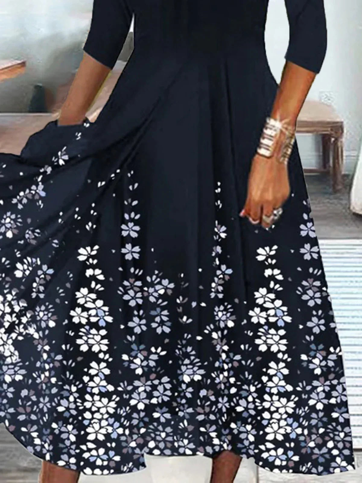 Women's Midi Dress - Scalloped V-Neck - Three-Quarter Sleeve - A-Line Floral Pattern