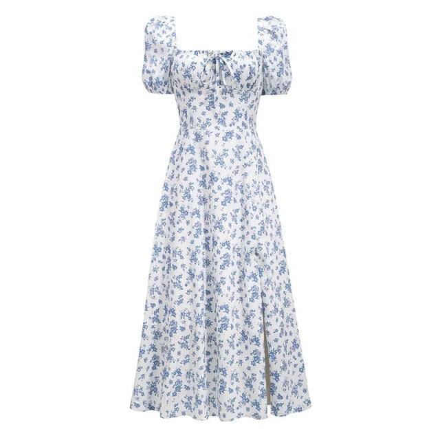 Women's Floral Dress - Square Neck - Puff Sleeve - A-Line Midi with Side Slit