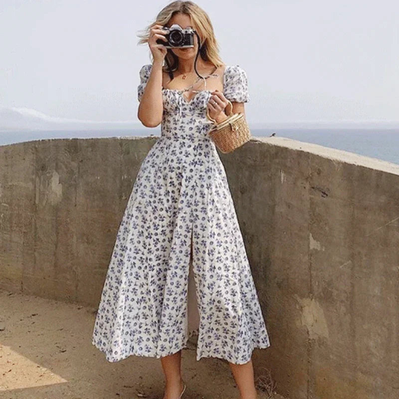 Women's Floral Dress - Square Neck - Puff Sleeve - A-Line Midi with Side Slit