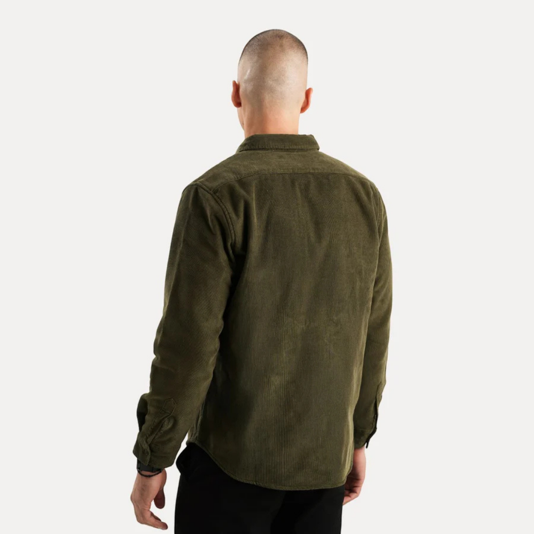 Men's long-sleeved warm button-down shirt with V-neck