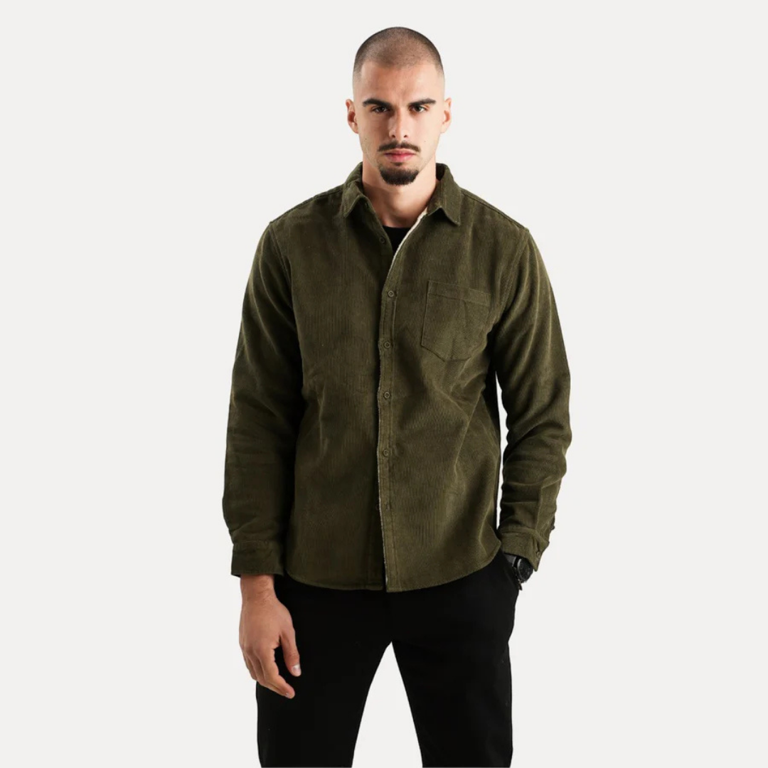 Men's long-sleeved warm button-down shirt with V-neck