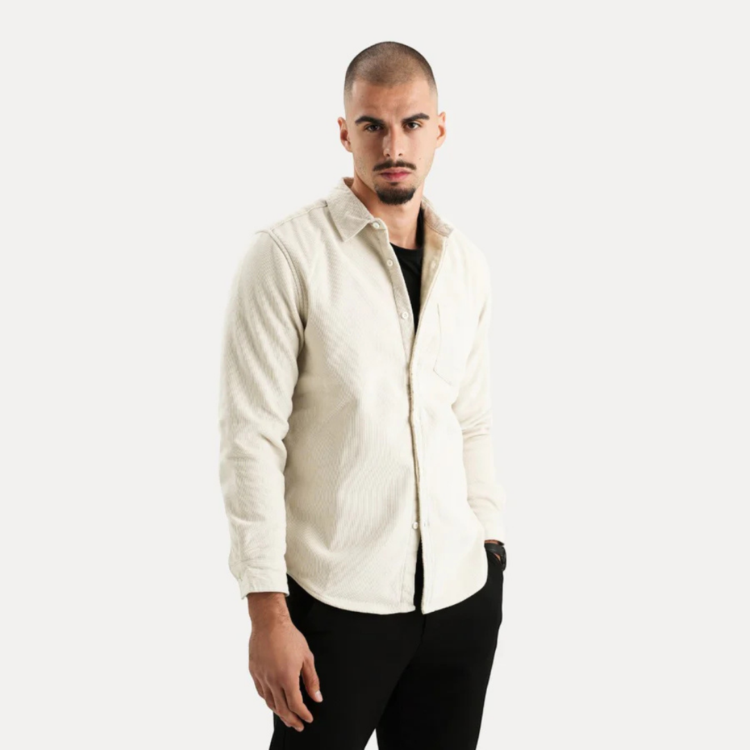 Men's long-sleeved warm button-down shirt with V-neck