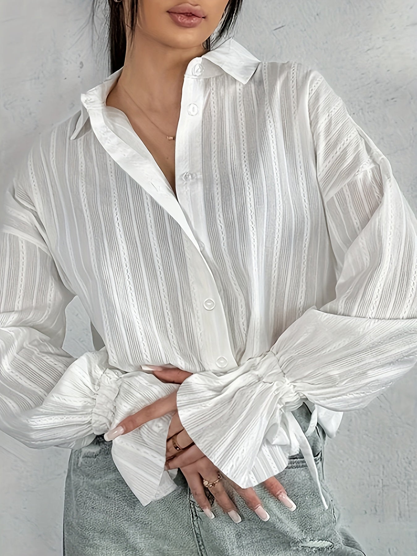Women's - Long Sleeve Linen Blouse - Collared & Semi-Transparent Shirt - Stylish Women's Top