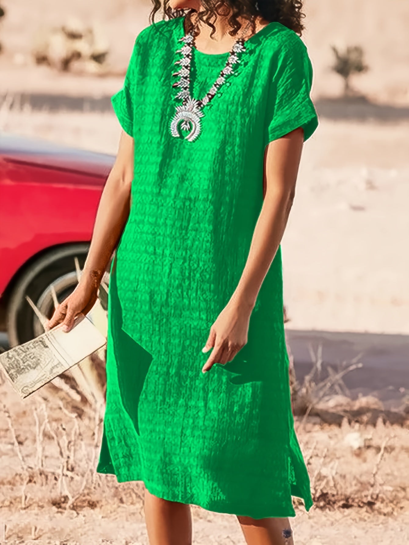 Women's Midi Dress - Loose Fit - Short Sleeve - Round Neck - Textured Breathable Fabric