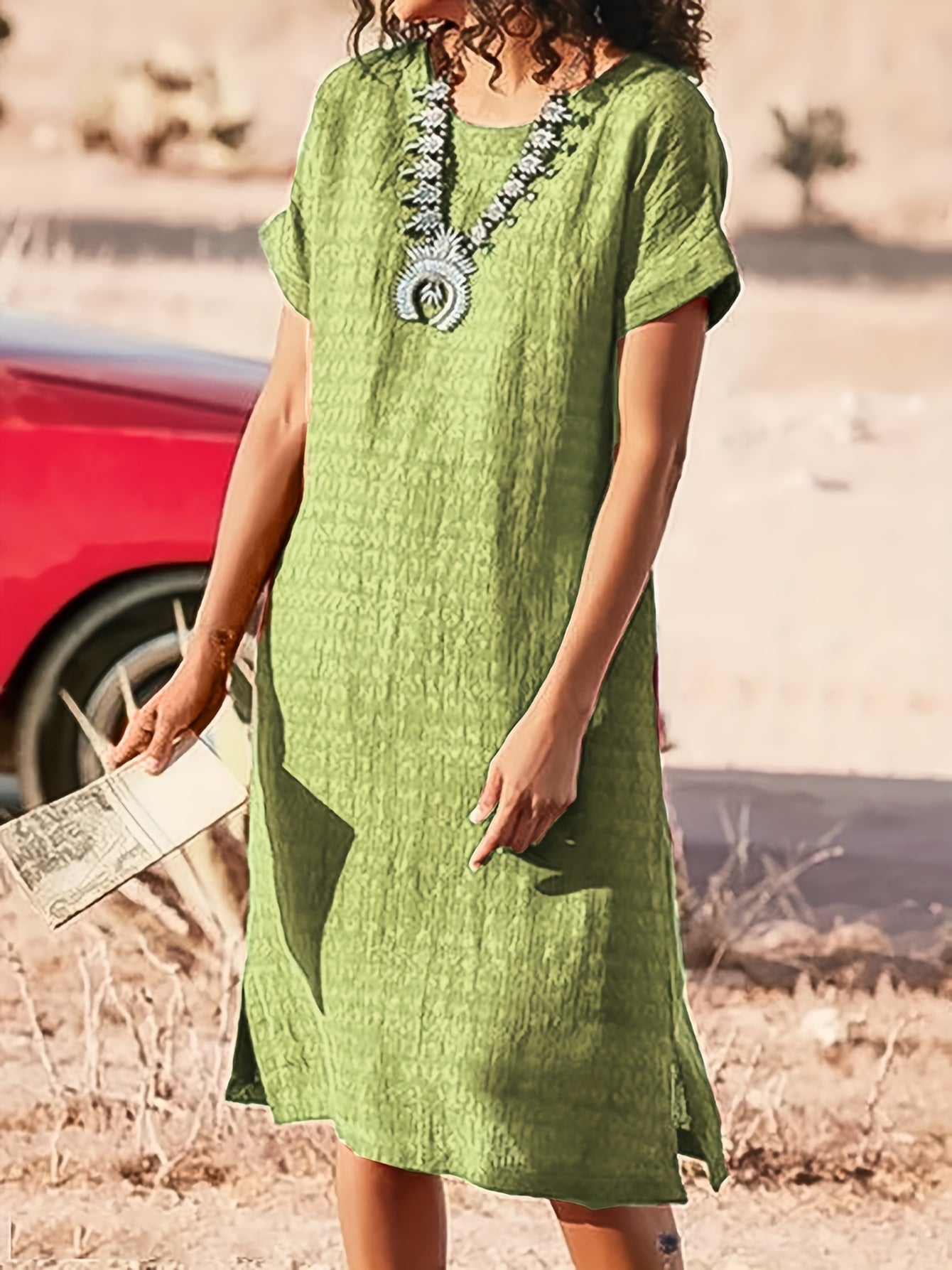 Women's Midi Dress - Loose Fit - Short Sleeve - Round Neck - Textured Breathable Fabric