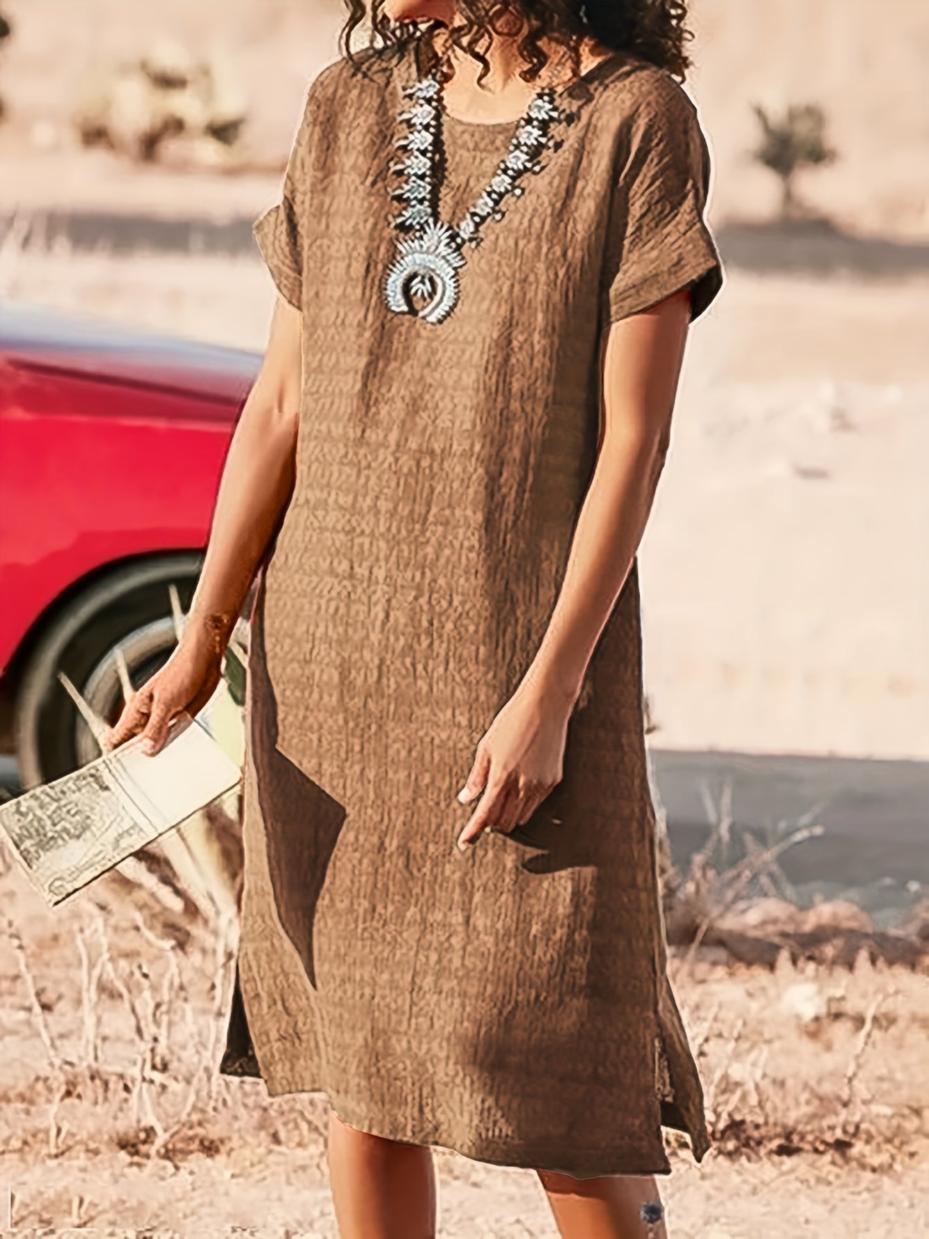 Women's Midi Dress - Loose Fit - Short Sleeve - Round Neck - Textured Breathable Fabric