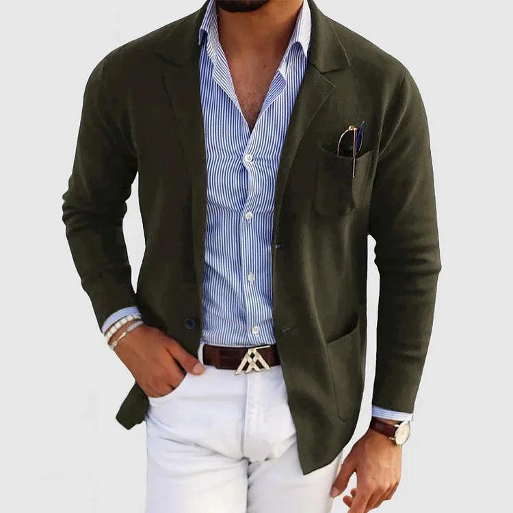 Elegant men's cardigan with pockets and lapel collar, solid color, long sleeves