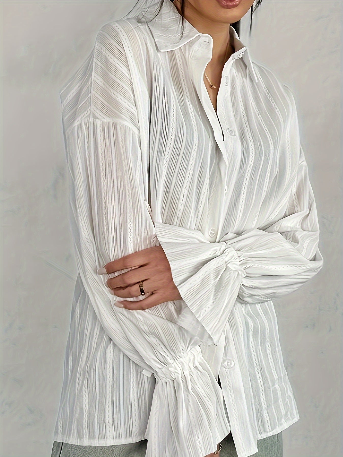 Women's - Long Sleeve Linen Blouse - Collared & Semi-Transparent Shirt - Stylish Women's Top