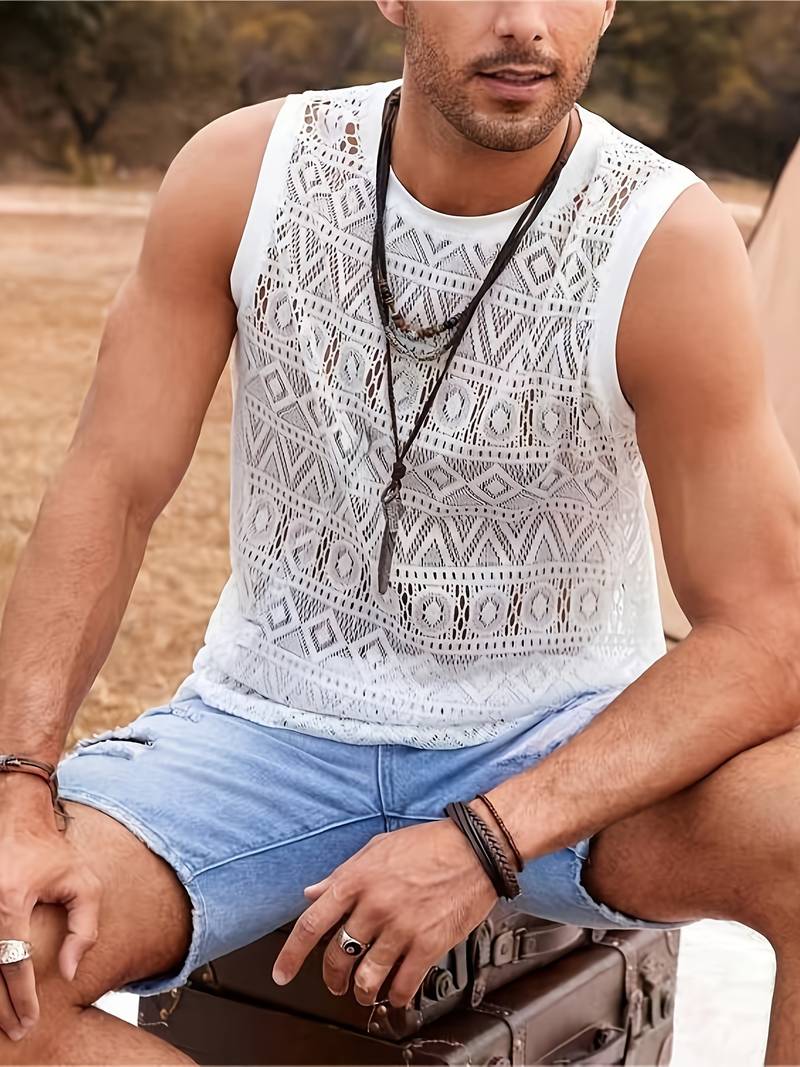 Men’s Sleeveless Lace Top - Geometric See-Through Design - Lightweight Casual Wear
