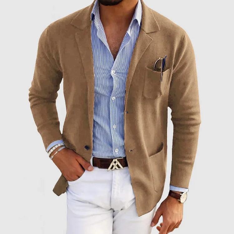 Elegant men's cardigan with pockets and lapel collar, solid color, long sleeves