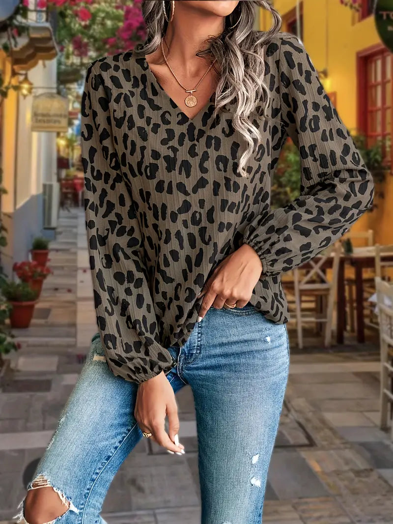 Women's - V-neck Style Blouse - Leopard Pattern - Trendy and Stylish Top for Any Occasion