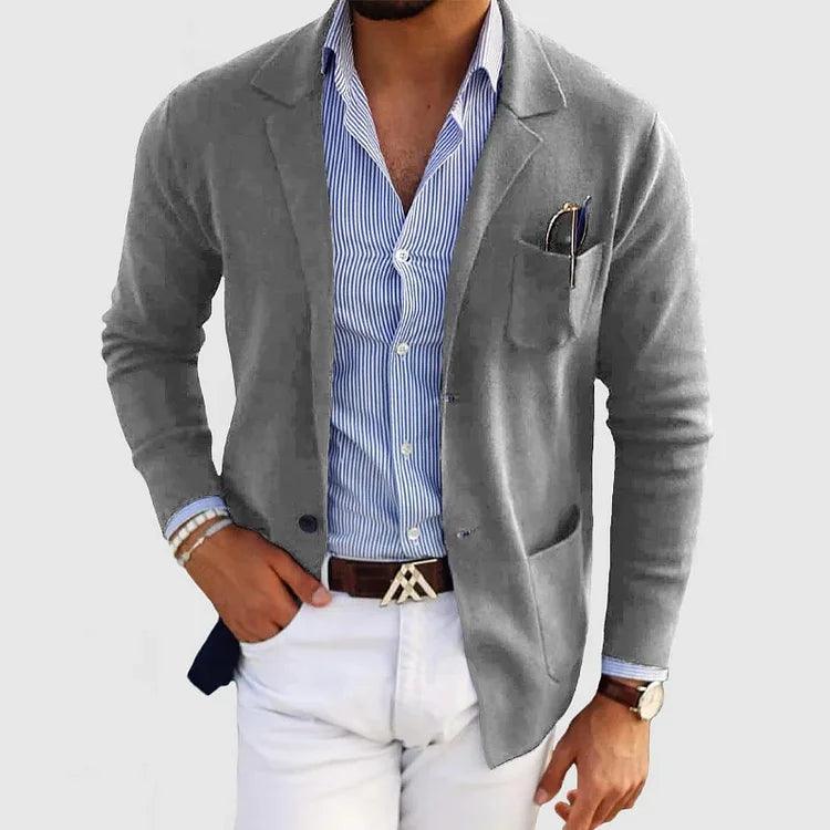 Elegant men's cardigan with pockets and lapel collar, solid color, long sleeves
