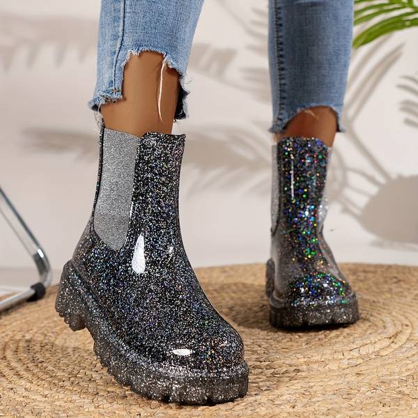 Women's Platform Ankle Boots - Glitter Finish - Chunky Heel - Lace-Up Stylish Footwear
