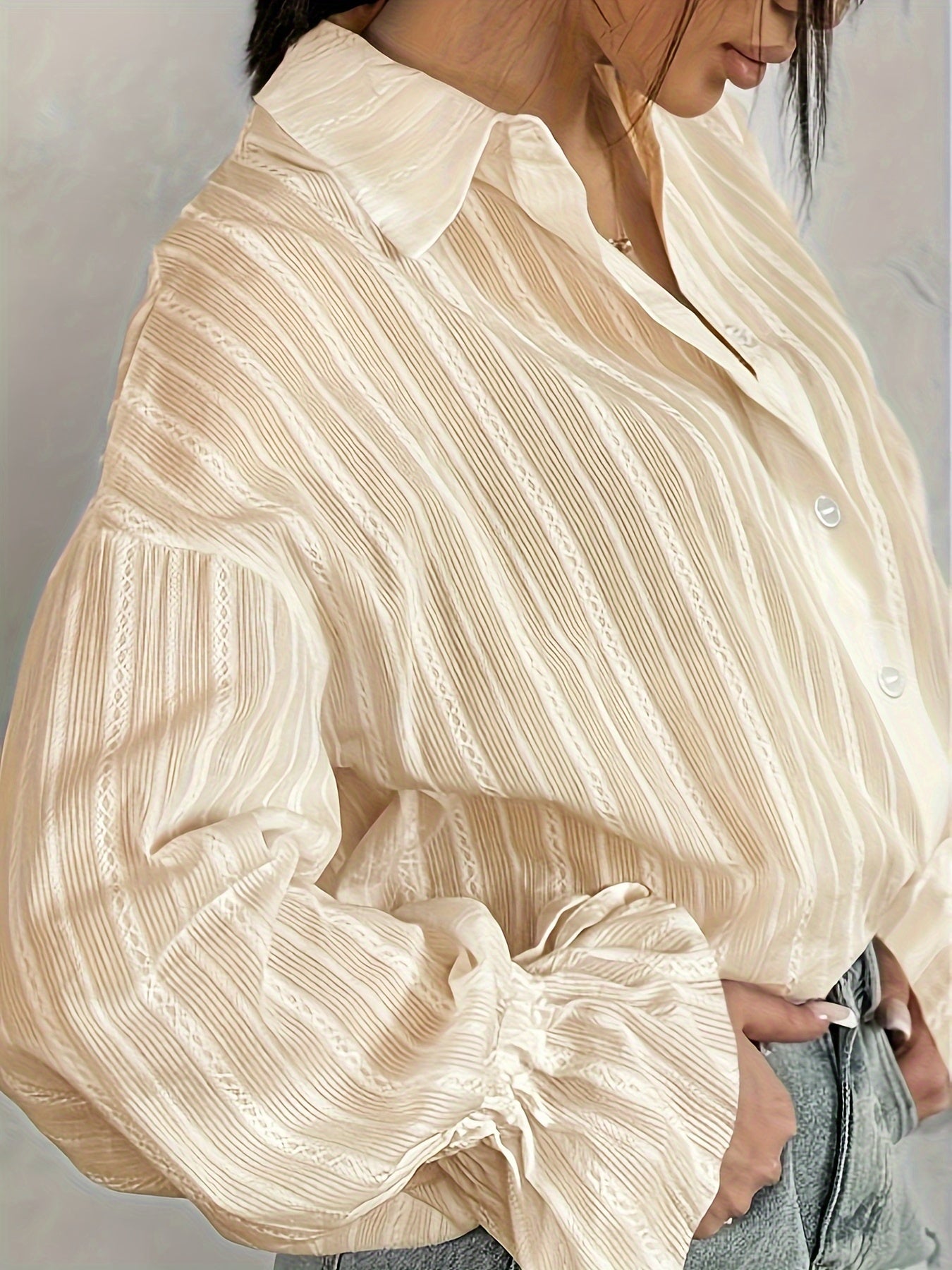 Women's - Long Sleeve Linen Blouse - Collared & Semi-Transparent Shirt - Stylish Women's Top