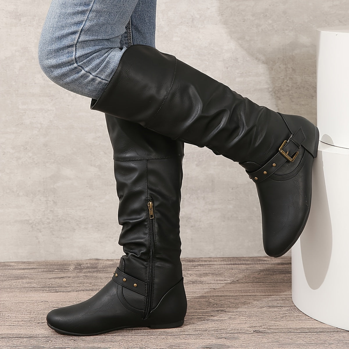Retro Chic Pleated Knee-High Women's Boots with Buckle Detail