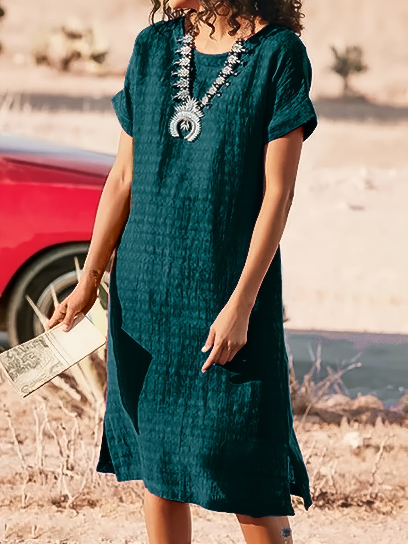 Women's Midi Dress - Loose Fit - Short Sleeve - Round Neck - Textured Breathable Fabric