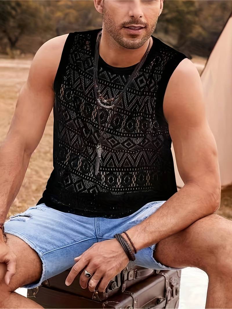 Men’s Sleeveless Lace Top - Geometric See-Through Design - Lightweight Casual Wear