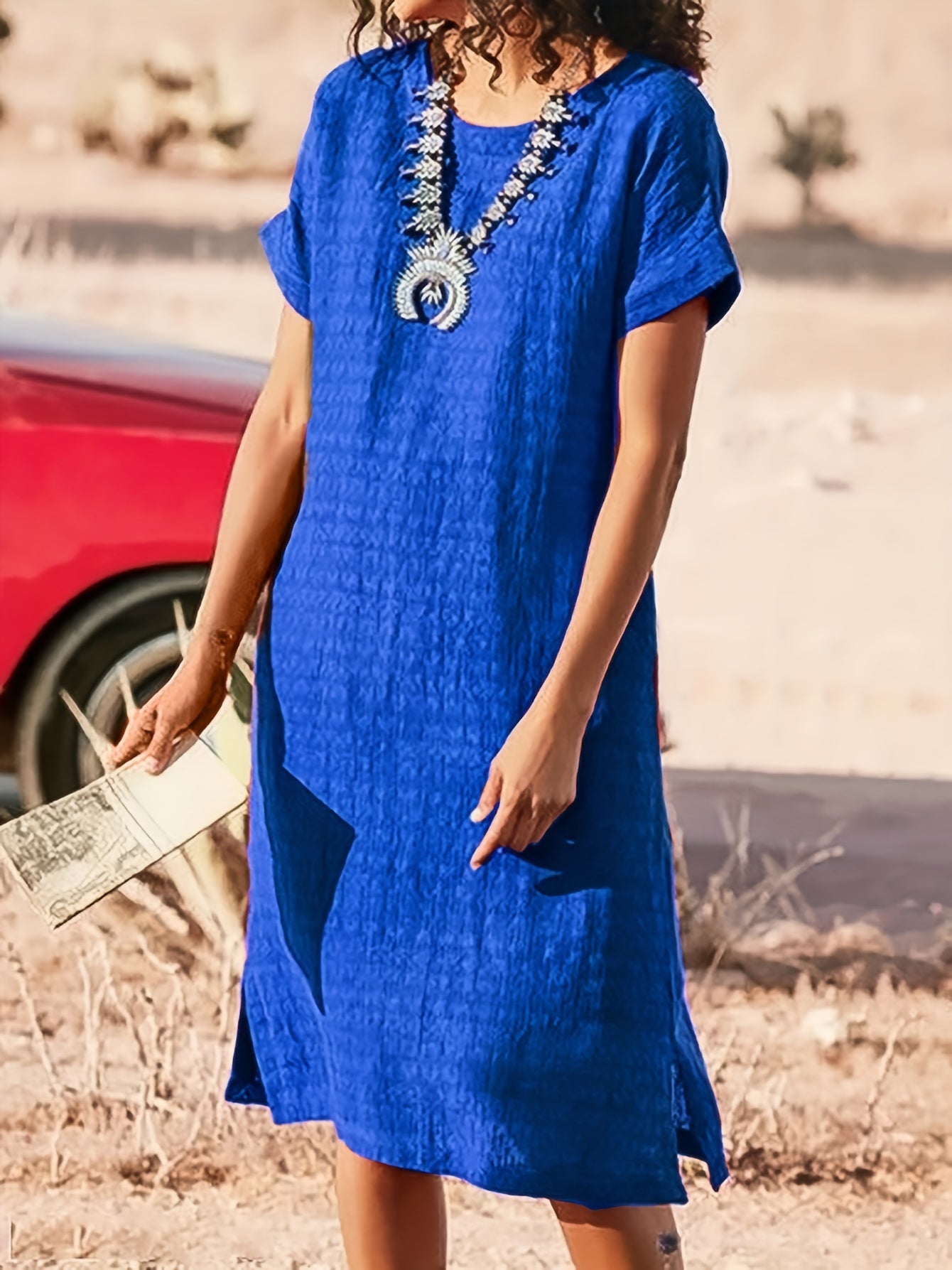 Women's Midi Dress - Loose Fit - Short Sleeve - Round Neck - Textured Breathable Fabric