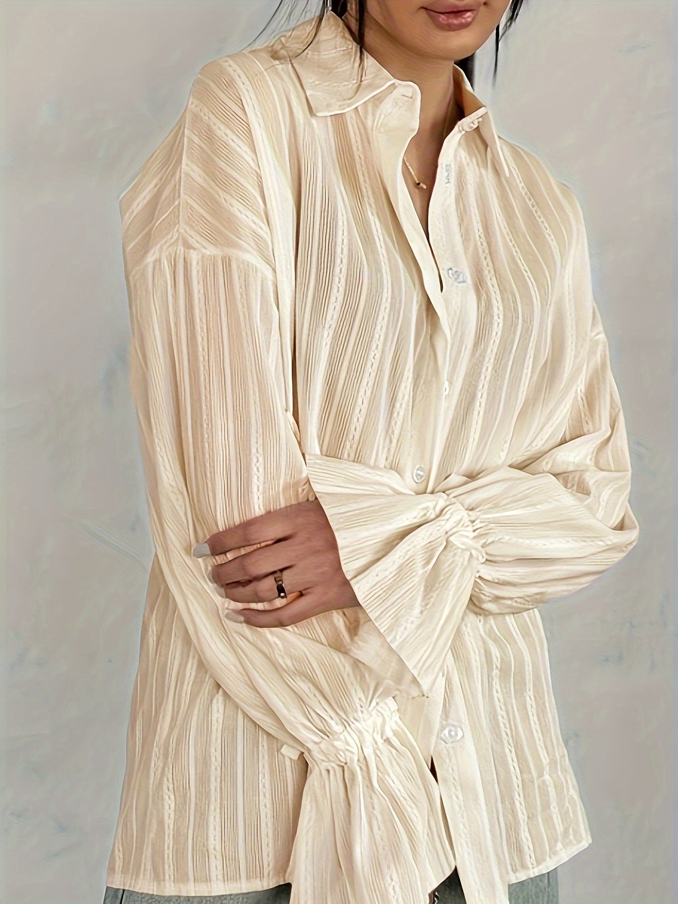 Women's - Long Sleeve Linen Blouse - Collared & Semi-Transparent Shirt - Stylish Women's Top