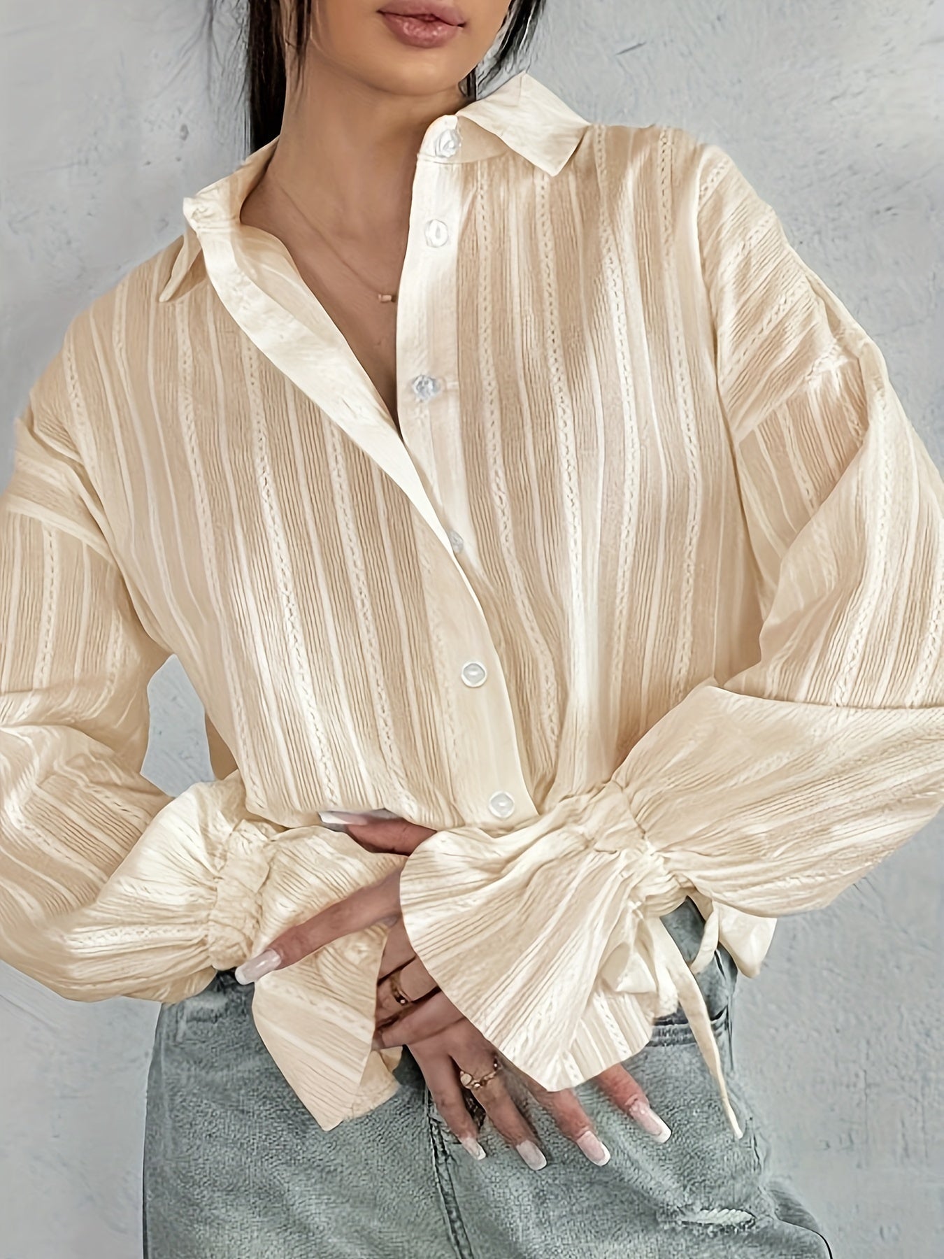 Women's - Long Sleeve Linen Blouse - Collared & Semi-Transparent Shirt - Stylish Women's Top