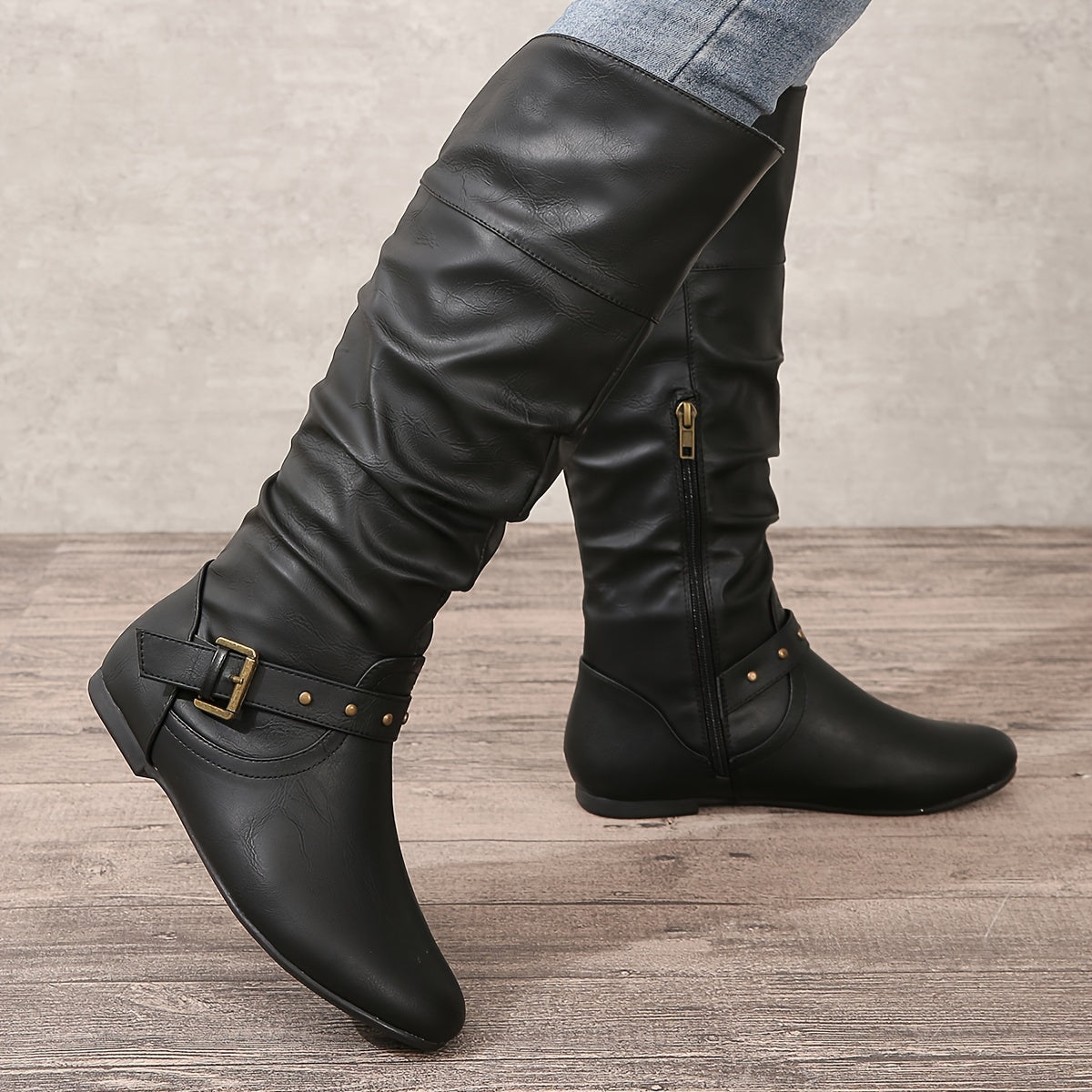 Retro Chic Pleated Knee-High Women's Boots with Buckle Detail