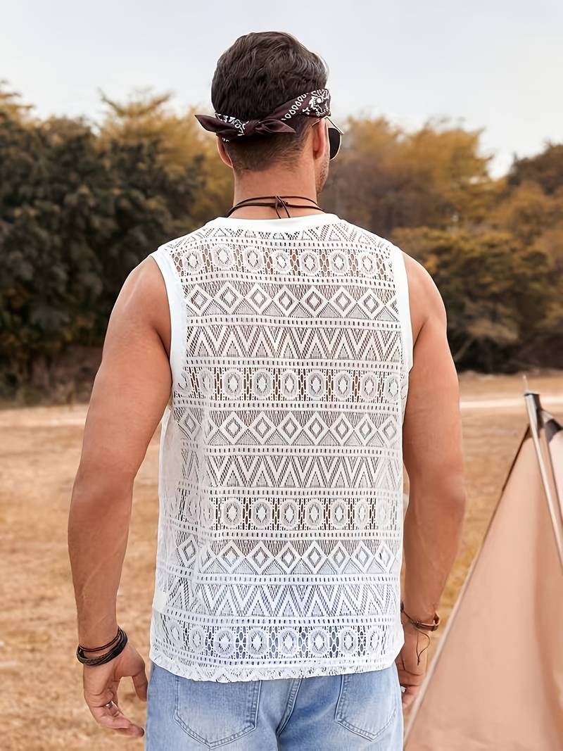 Men’s Sleeveless Lace Top - Geometric See-Through Design - Lightweight Casual Wear