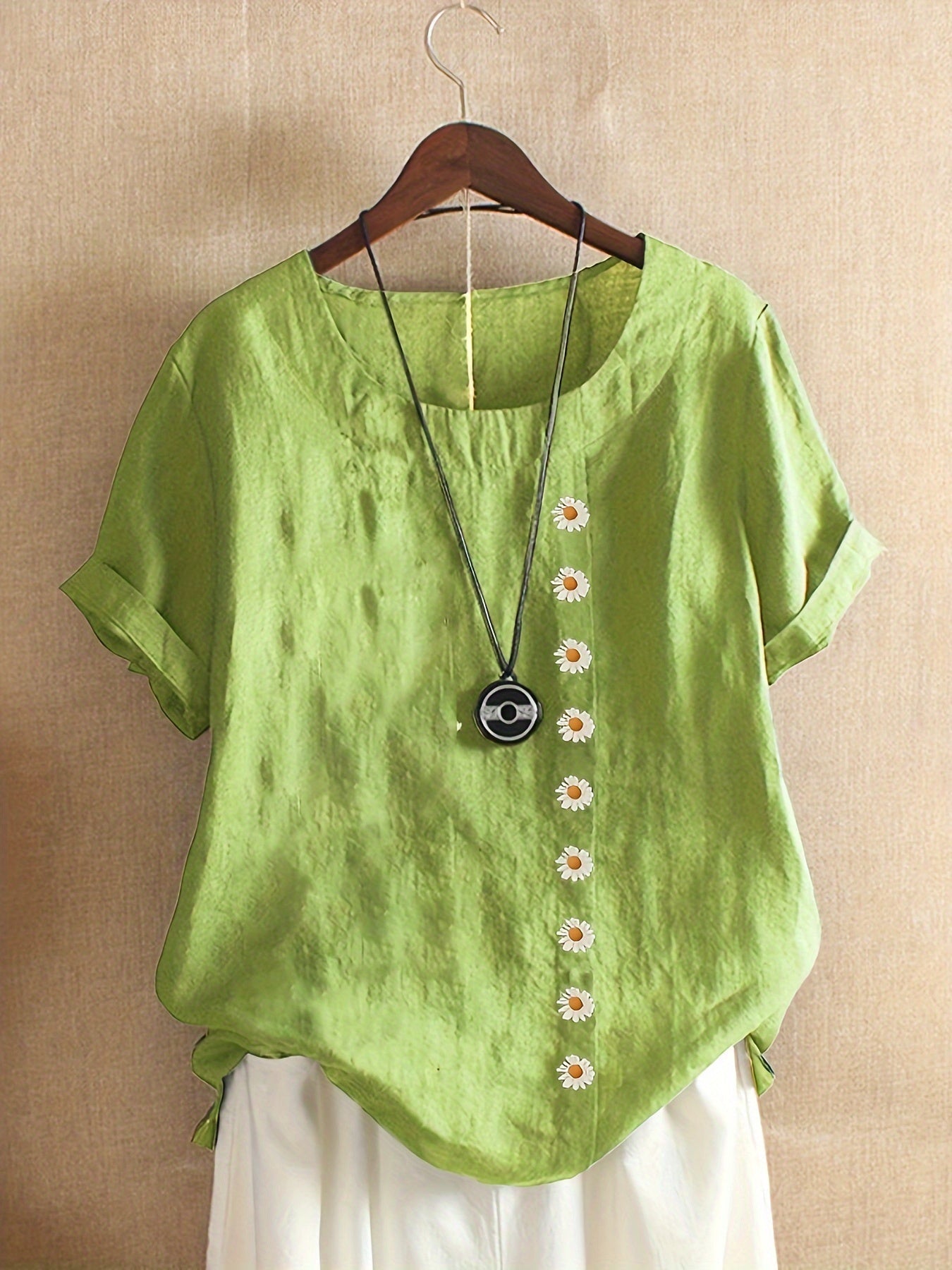 Women's - Oversized Linen Blouse - Casual Short-Sleeved Jumper Shirt with Print - Stylish Summer Top
