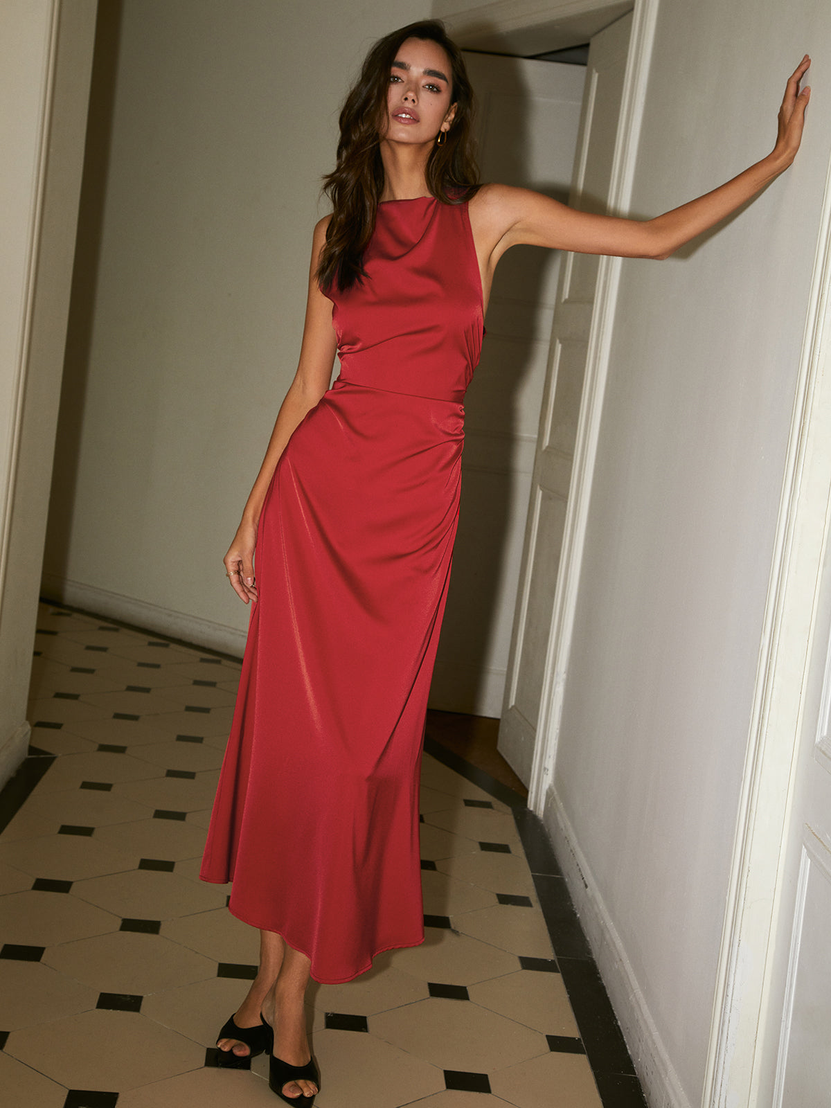 Women's Long Satin Dress - Cowl Neck - Back Cross Detail - Elegant Formal Fit
