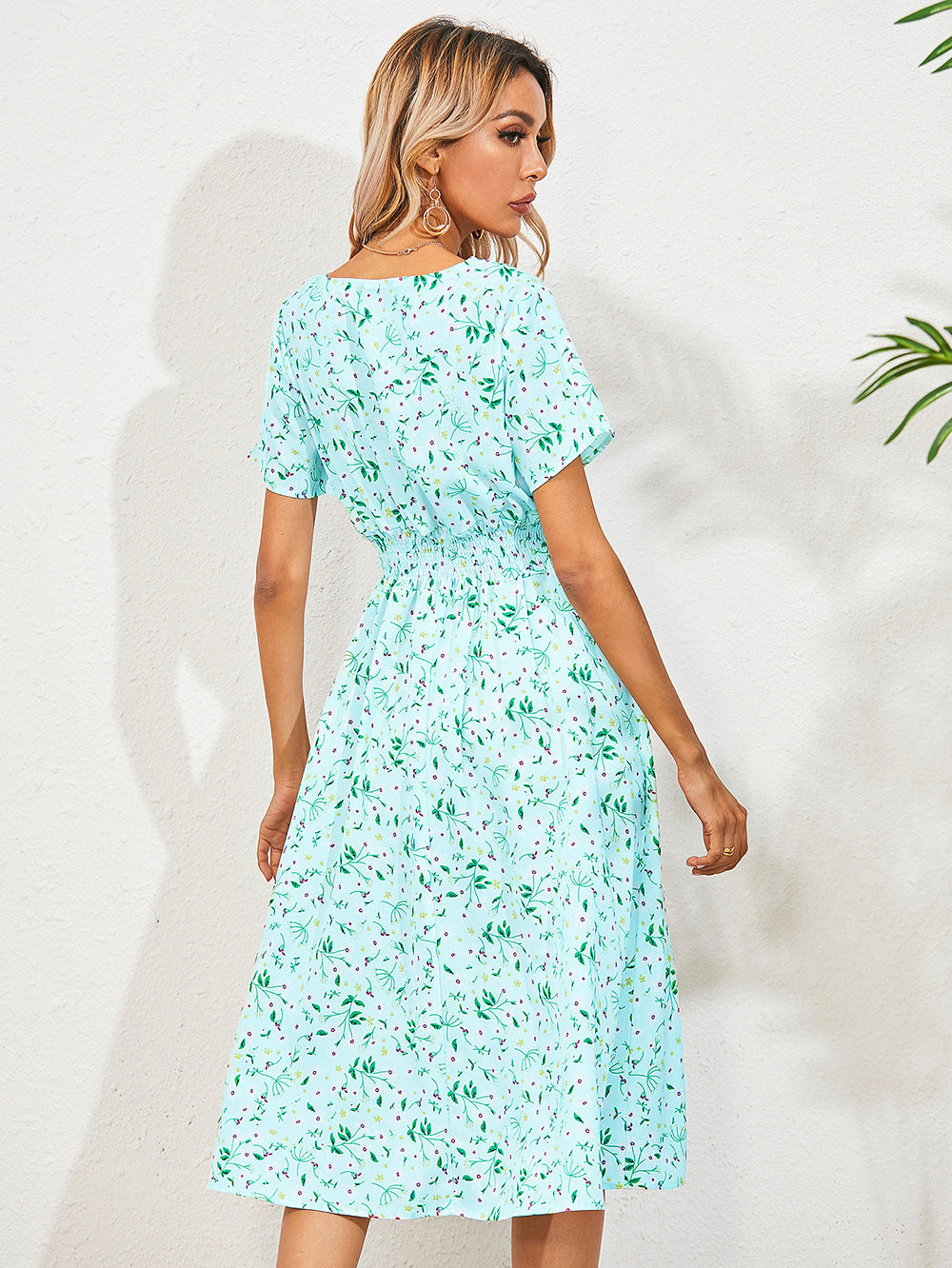 Women's Midi Dress - V-Neck - Short Sleeve - Elastic Waist - Floral Print - Flowy Fit