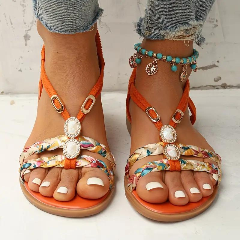 Boho Sandals - Slip On - Elastic Strap - Flat Sandals - Summer Shoes