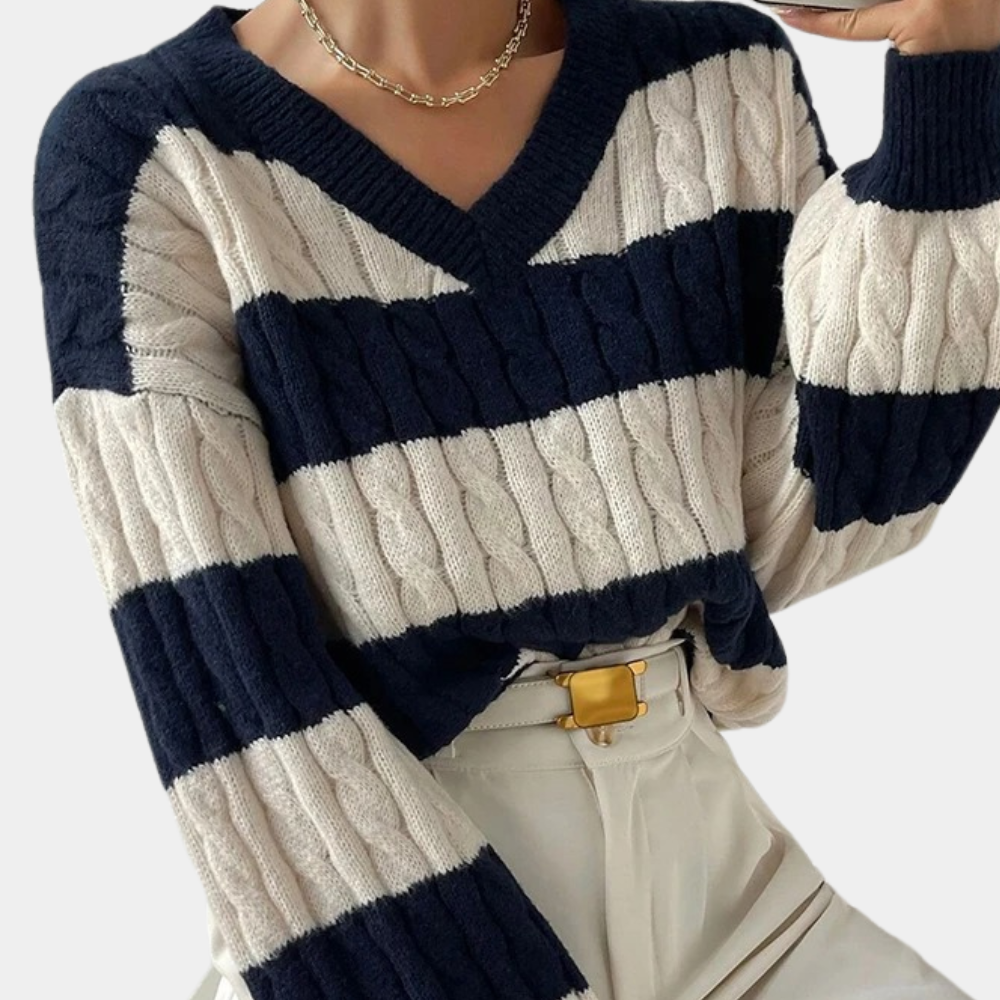 Yamina - Elegant striped V-neck sweater for women