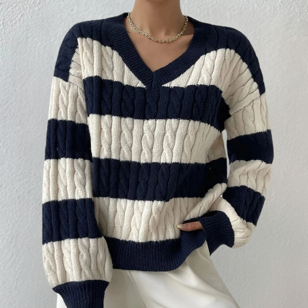 Yamina - Elegant striped V-neck sweater for women