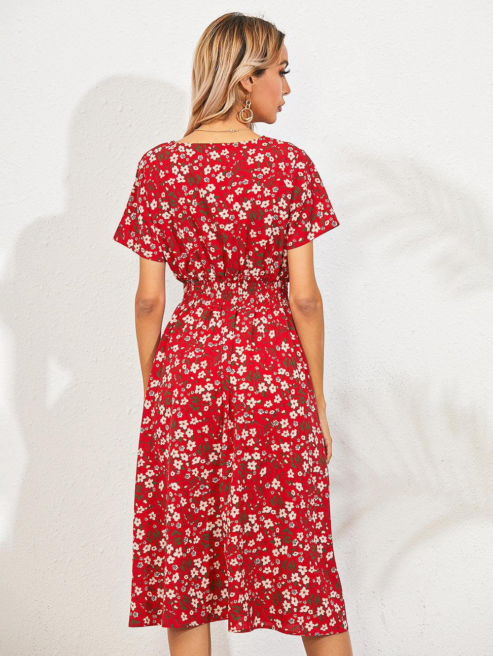 Women's Midi Dress - V-Neck - Short Sleeve - Elastic Waist - Floral Print - Flowy Fit