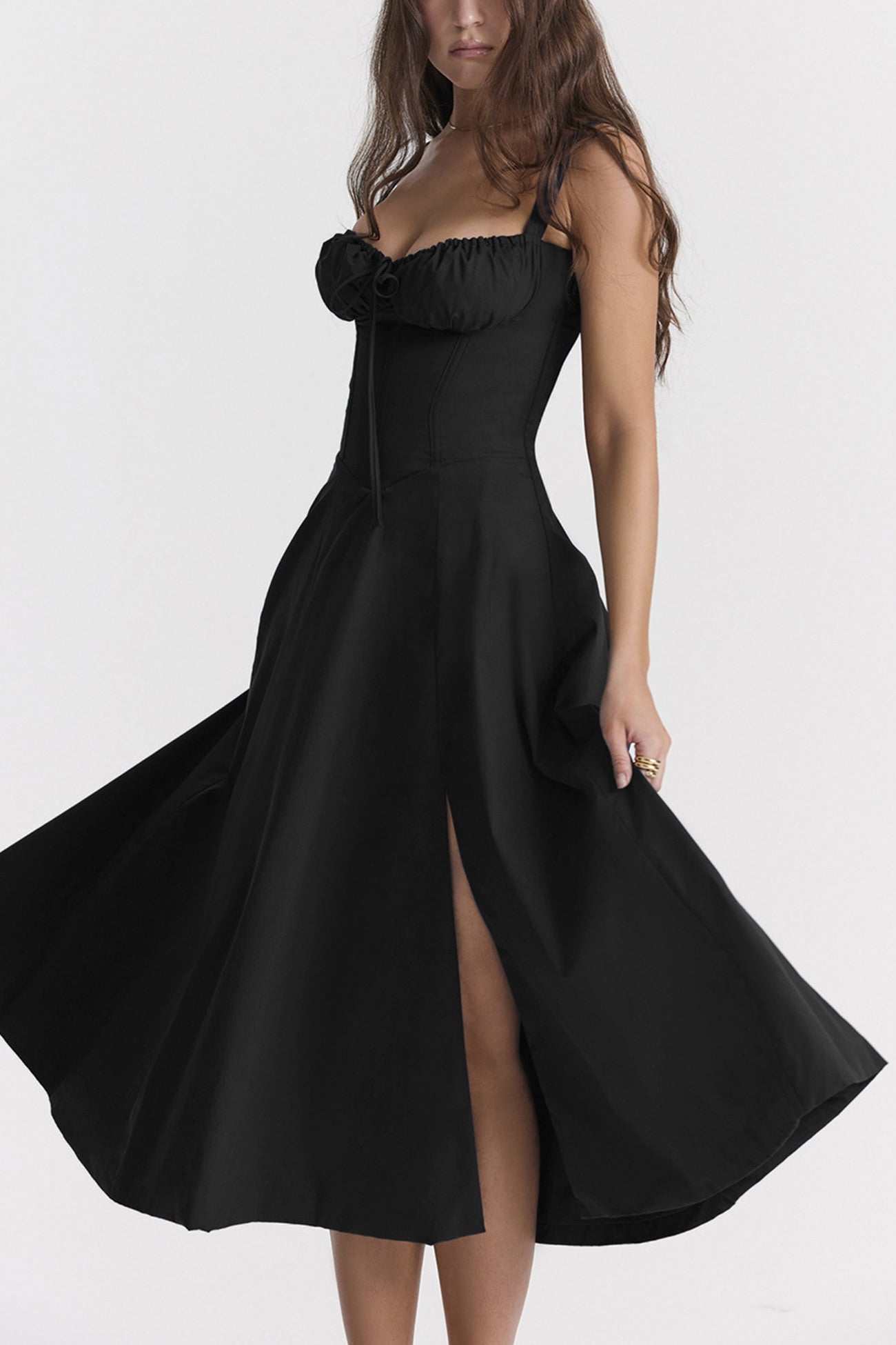 Women's Midi Dress - Corset Bodice - Sweetheart Neckline - Slit Skirt Elegant Fit