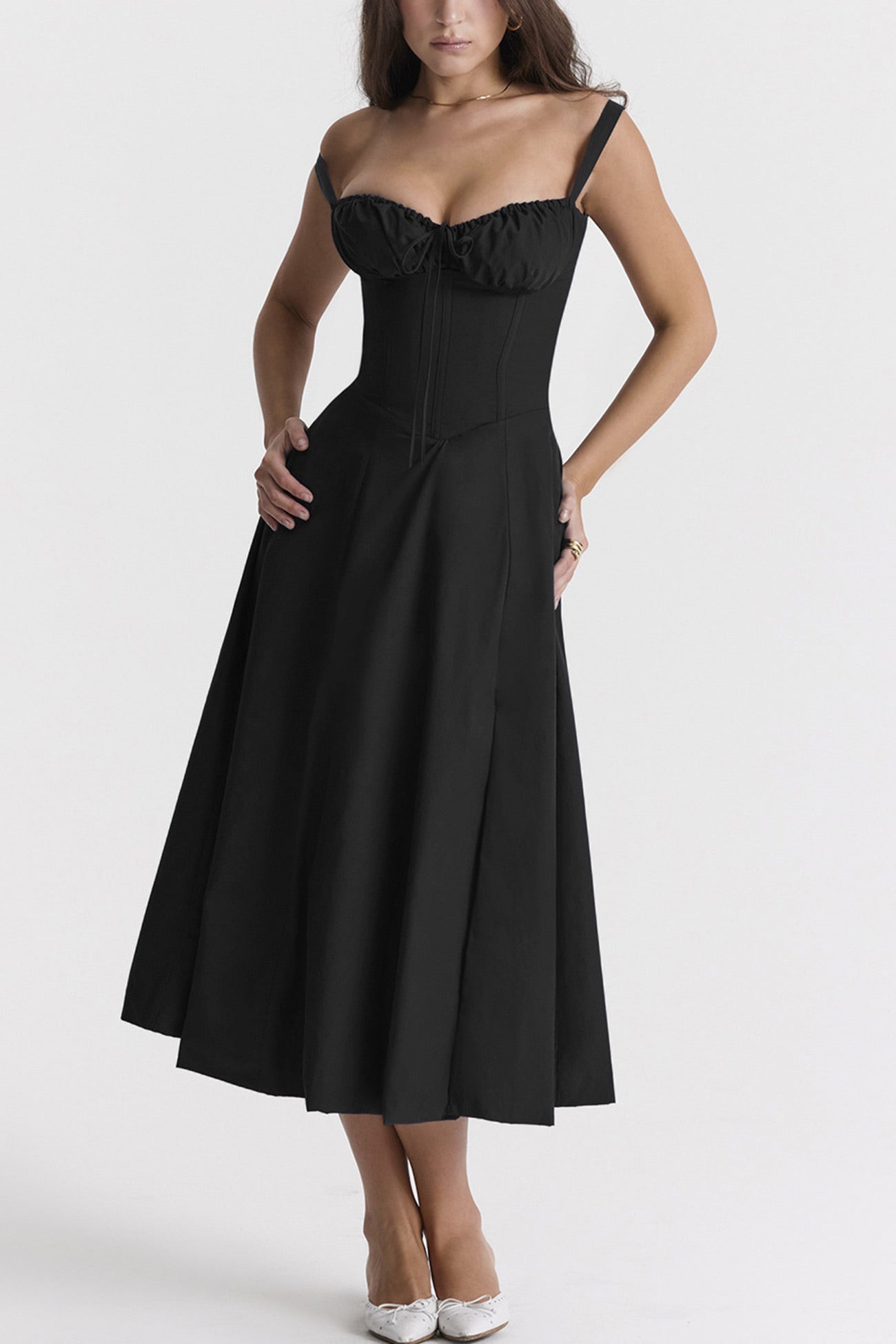 Women's Midi Dress - Corset Bodice - Sweetheart Neckline - Slit Skirt Elegant Fit