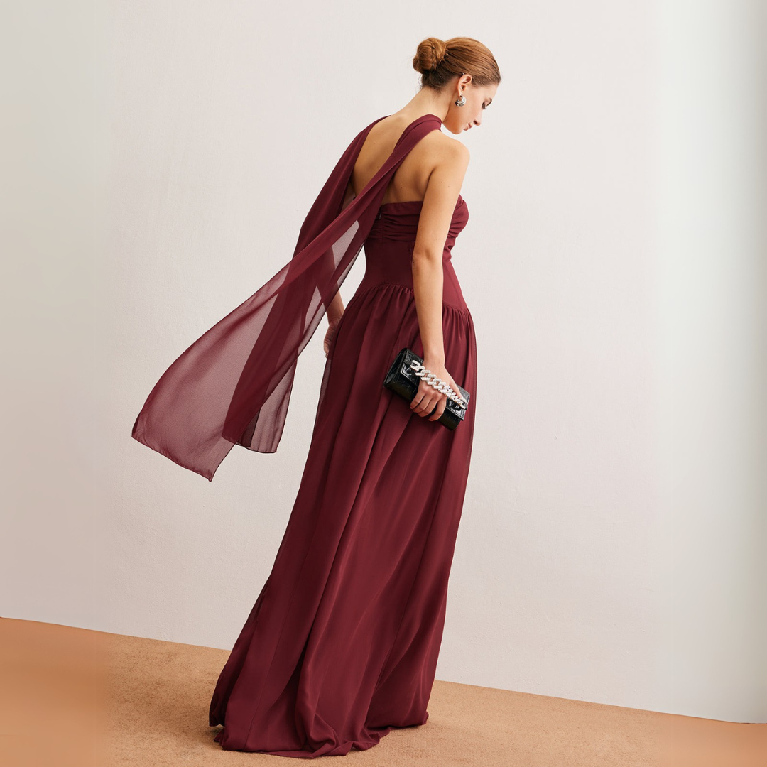 Women's Chiffon Maxi Dress - Strapless Sweetheart Neckline - Flowy A-Line Silhouette