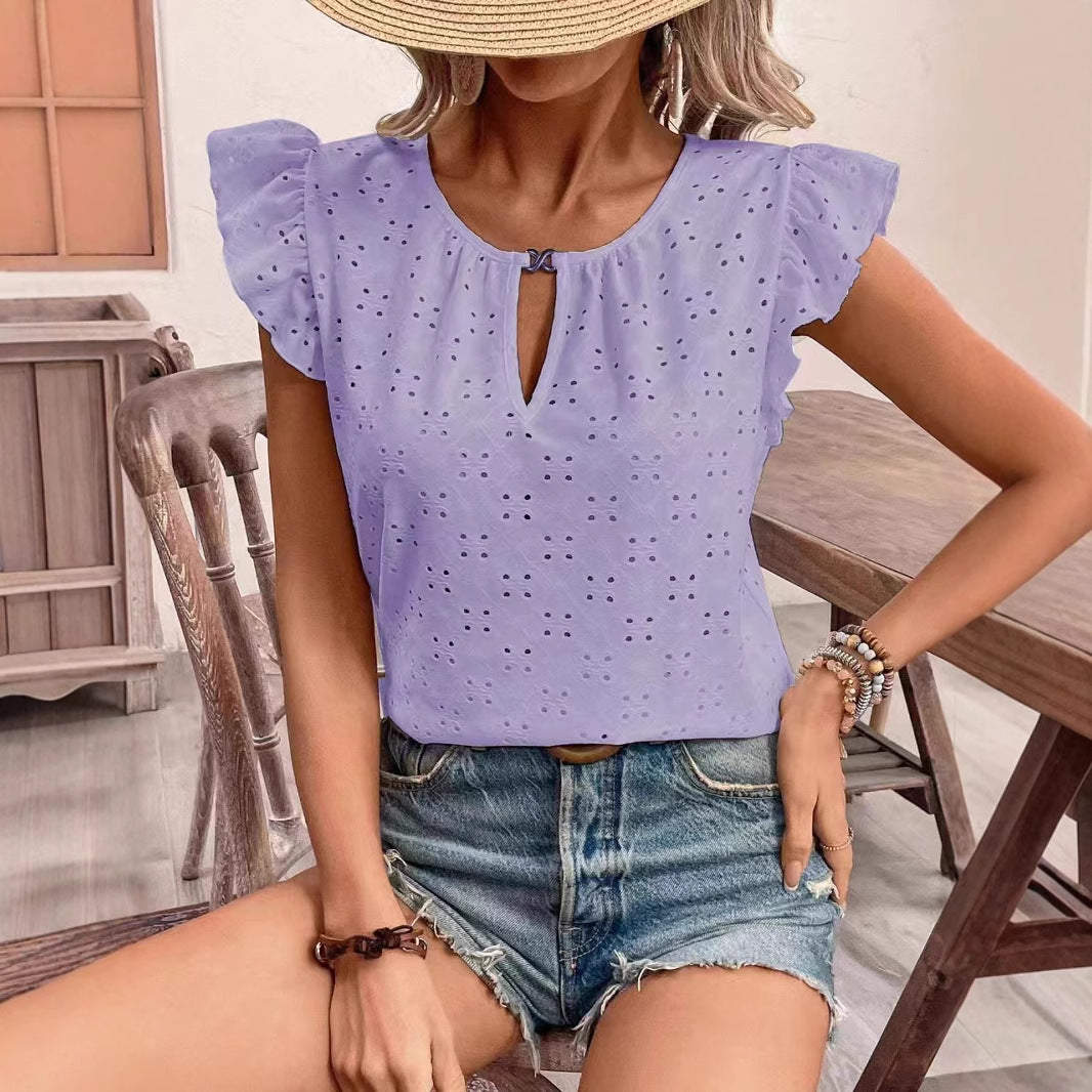 Women's - Jacquard V-neck Puff Sleeve Tee Top - Stylish & Comfortable - Perfect for Casual Outings