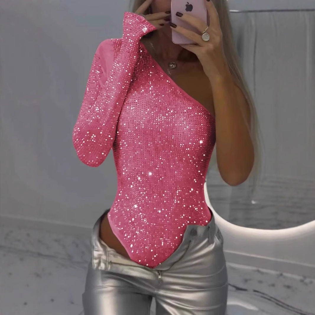 Maroxe | One-shoulder rhinestone sequin top
