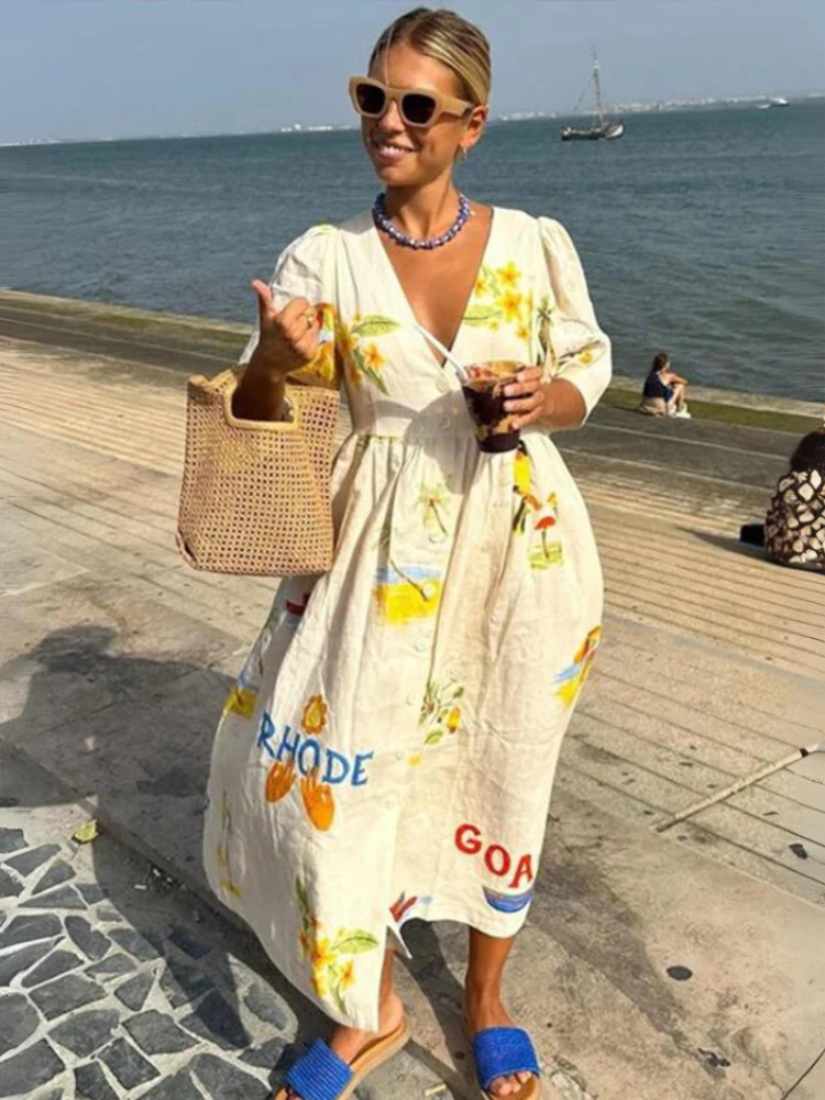 Oversized Dress - Short Sleeve - V-Neck - Midi Dress - Summer Dress