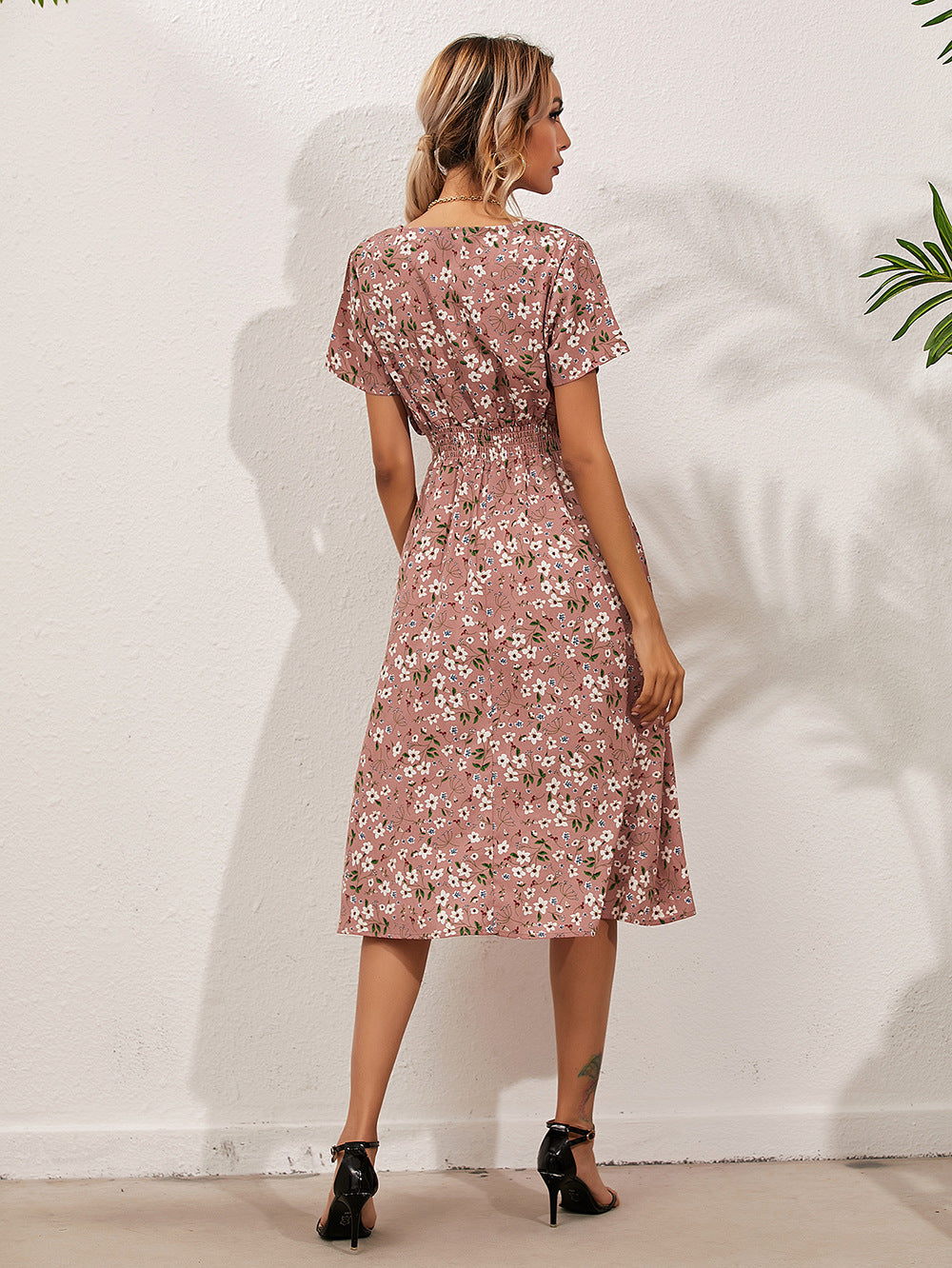 Women's Midi Dress - V-Neck - Short Sleeve - Elastic Waist - Floral Print - Flowy Fit