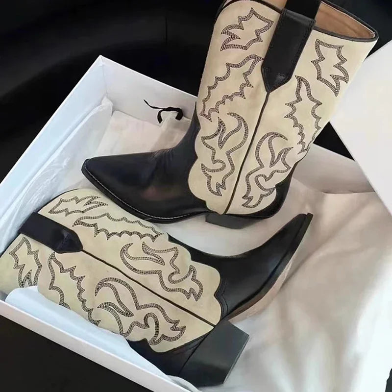 Women's Vintage Western-Style Embroidered Slip-On Cowboy Boots