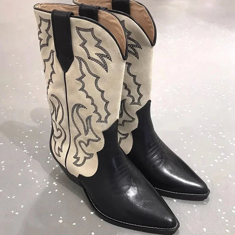 Women's Vintage Western-Style Embroidered Slip-On Cowboy Boots