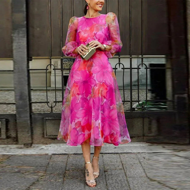 Women's Midi Dress - A-Line Silhouette - Sheer Long Puff Sleeves - Round Neck Elegant Fit