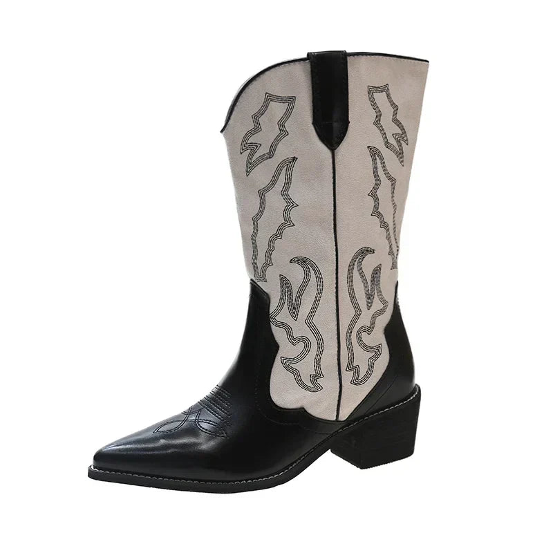 Women's Vintage Western-Style Embroidered Slip-On Cowboy Boots
