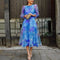 Women's Midi Dress - A-Line Silhouette - Sheer Long Puff Sleeves - Round Neck Elegant Fit