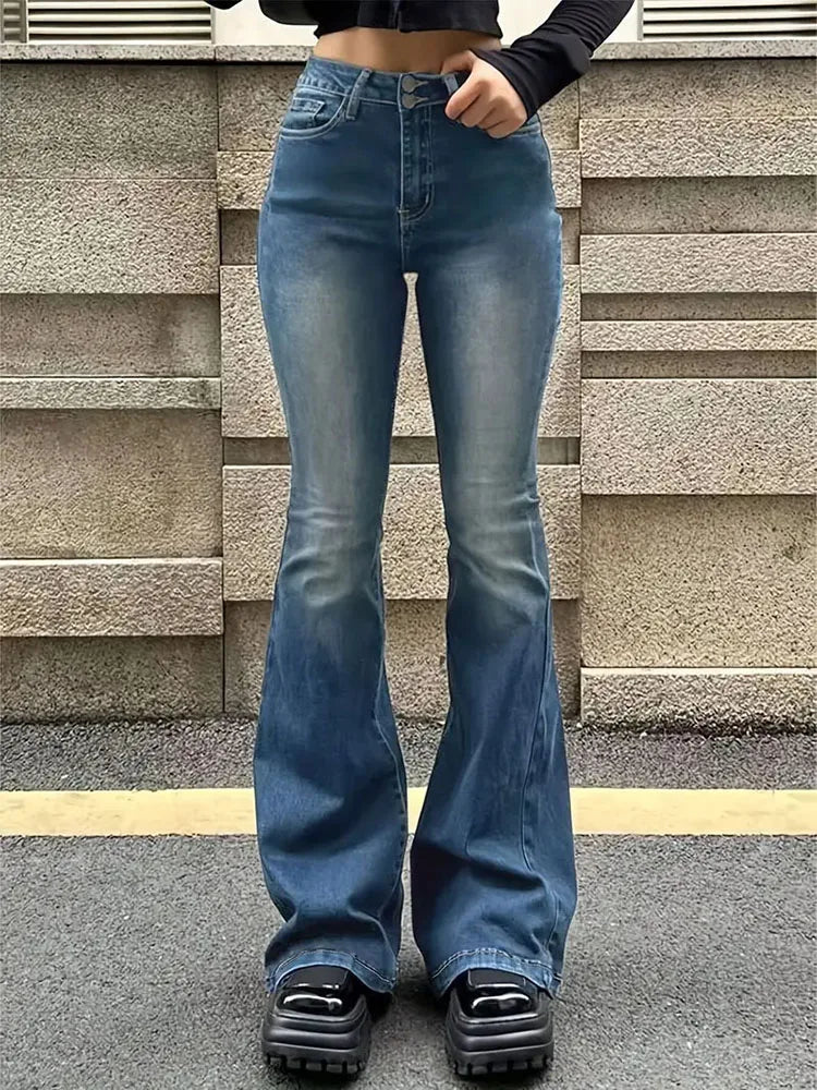 Retro Washed High-Waisted Flared Denim Jeans