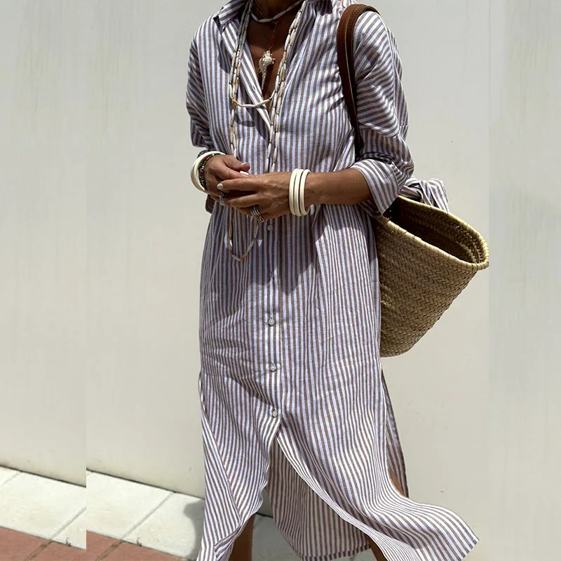 Shirt Dress - Women's Long Sleeve Striped Button-Up Maxi Dress