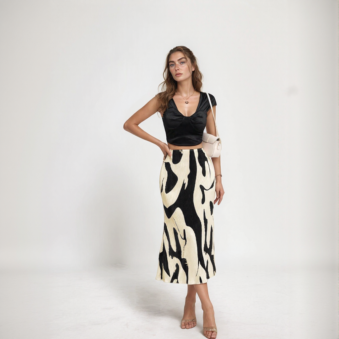 Abstract Brushstroke Print Midi Skirt